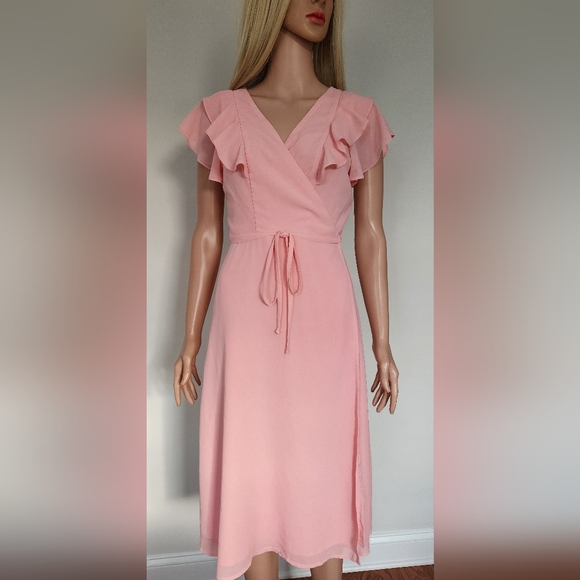 NEW LOOK SOFT PINK RUFFLES CRISS CROSS OPEN BACK WRAP STYLE MIDI DRESS US.6 NWOT - Picture 2 of 13
